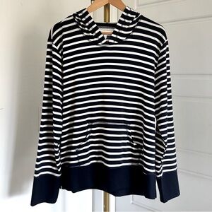 Soft Coastal Navy Blue & White Stripes Long‎ Sleeve Pullover Hoodie Women's XL